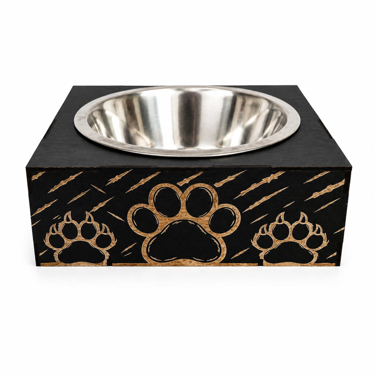 Support gamelle modulable Griffure en tilleul peint en noir pour chats et petits chiens, motif griffures gravé au laser