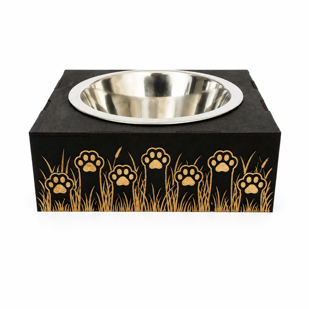 Support gamelle modulable Nature en tilleul peint en noir pour chats et petits chiens, motif épis de blé gravé au laser