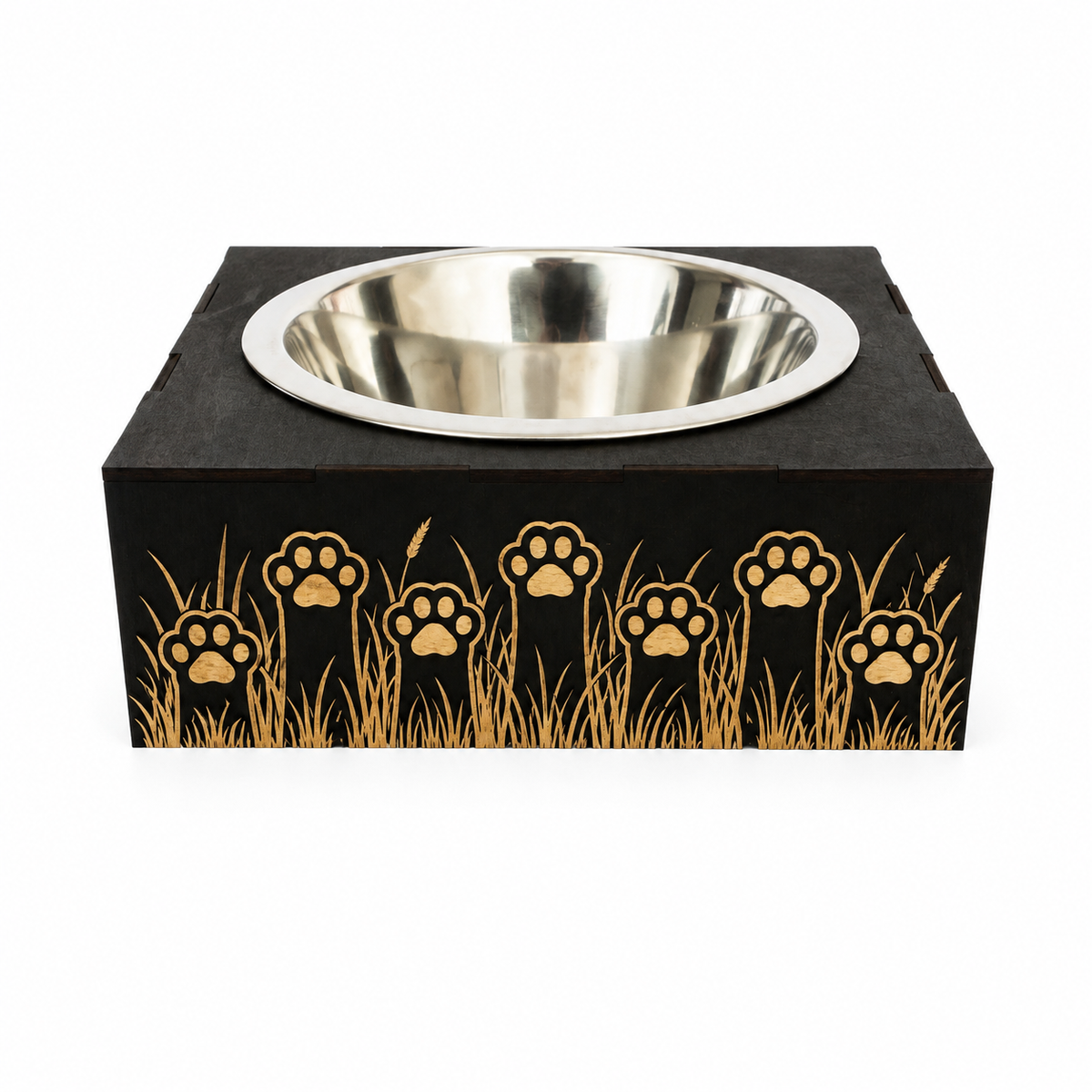 Support gamelle modulable Nature en tilleul peint en noir pour chats et petits chiens, motif épis de blé gravé au laser