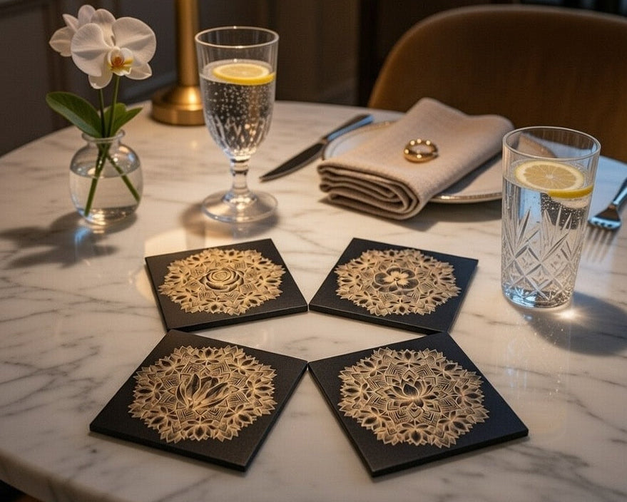 Dessous de Verre Mandala Fleur Gravé - Lot de 4