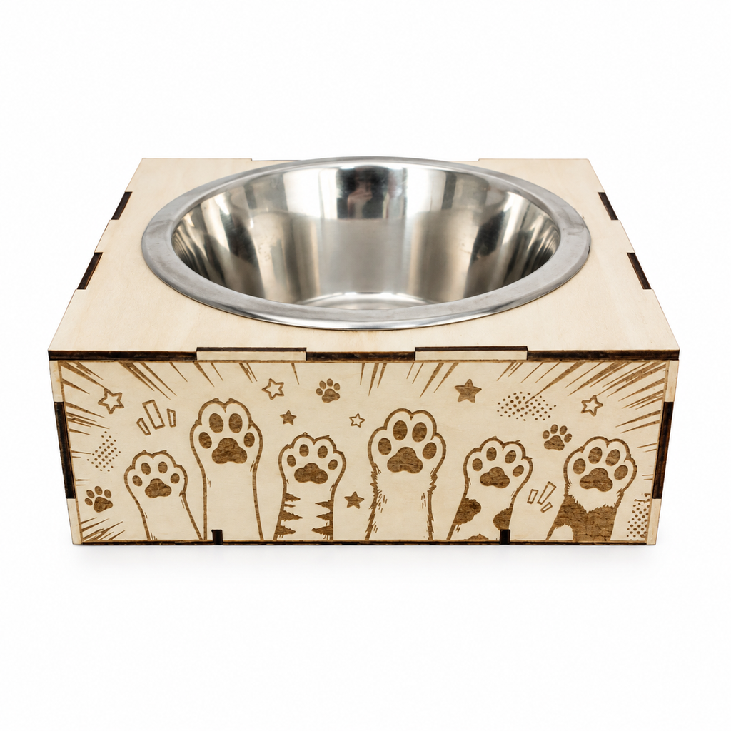Support gamelle modulable Manga en bois de tilleul pour chats et petits chiens, motif graphique gravé au laser