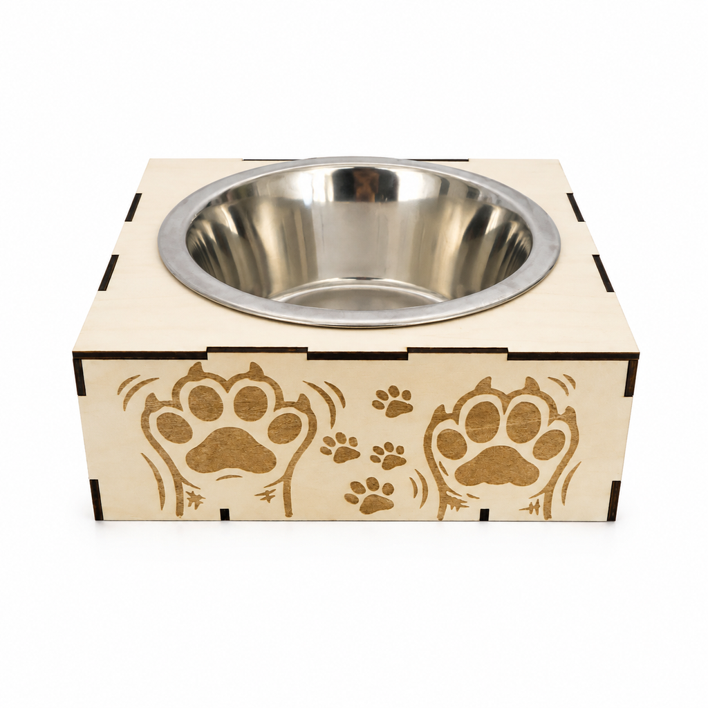Support gamelle modulable Pop Art Pattes en bois de tilleul pour chats et petits chiens, empreintes de pattes colorées