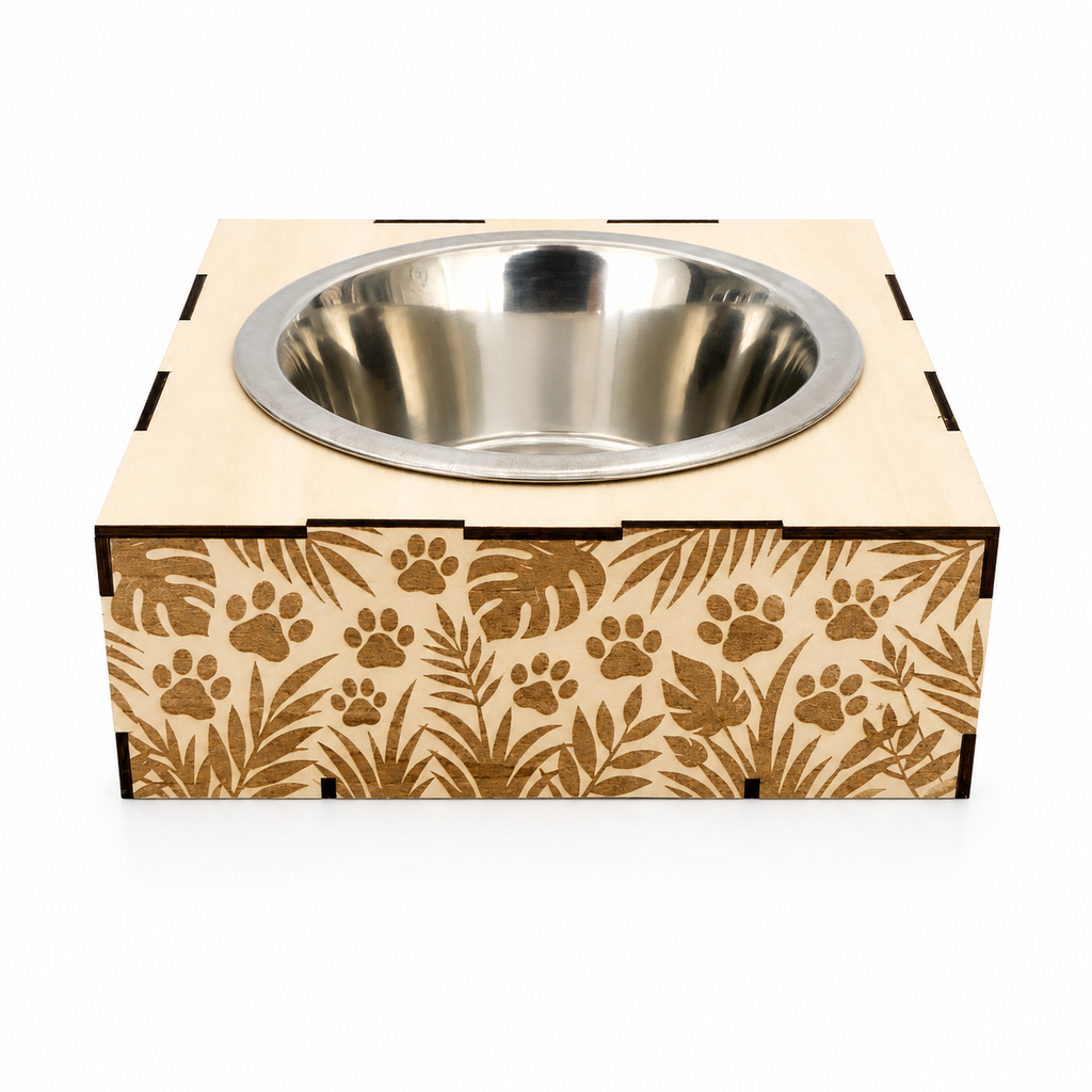 Support gamelle modulable Jungle en bois de tilleul pour chats et petits chiens, décor exotique gravé au laser