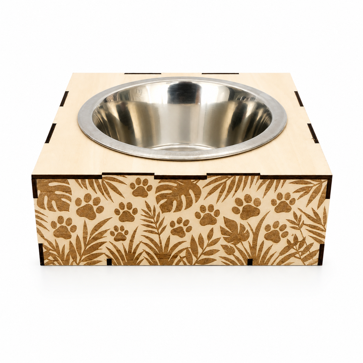 Support gamelle modulable Jungle en bois de tilleul pour chats et petits chiens, décor exotique gravé au laser