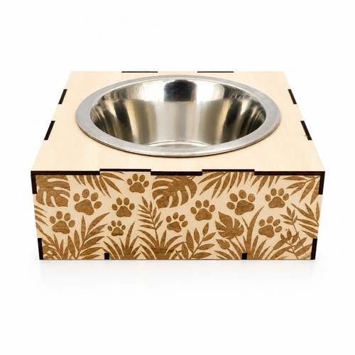 Support gamelle modulable Jungle en bois de tilleul pour chats et petits chiens, décor exotique gravé au laser