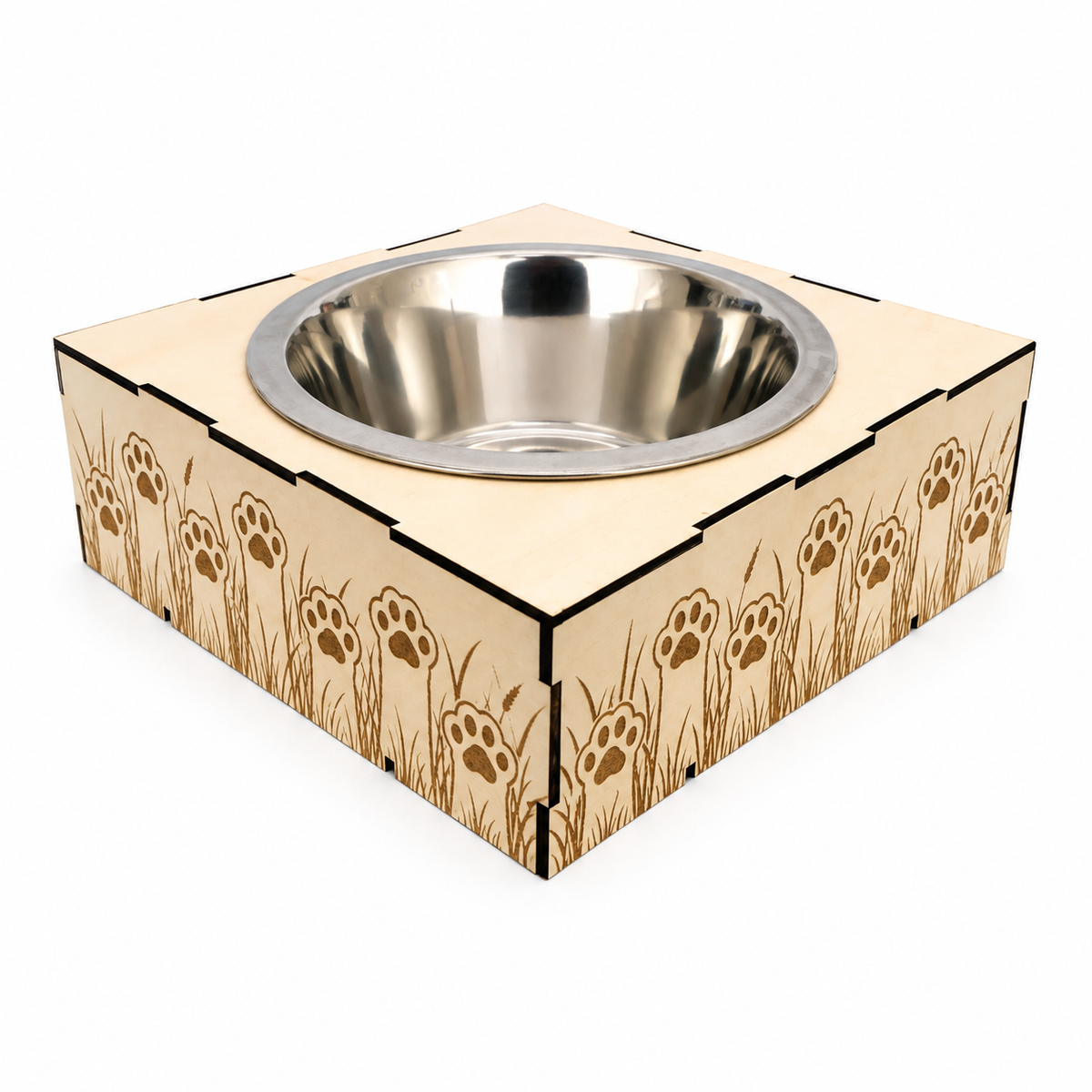 Détail de la gravure laser Nature sur le support gamelle en bois de tilleul