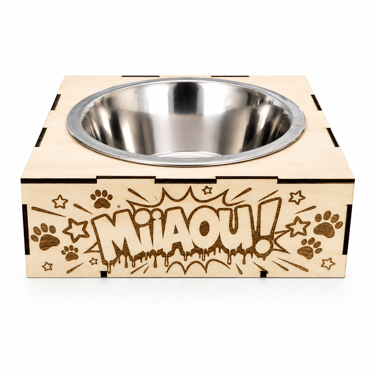 Support gamelle modulable Pop Art Miiaou en bois de tilleul pour chats, graffiti pop art félin gravé au laser