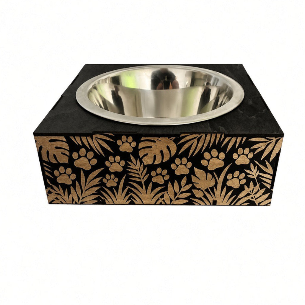 Support gamelle modulable Jungle en tilleul peint en noir pour chats et petits chiens, décor exotique gravé au laser
