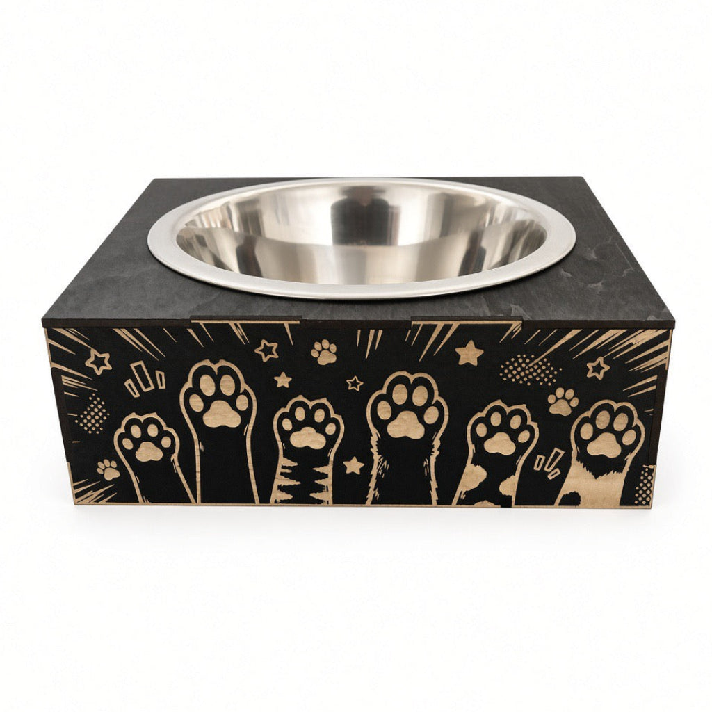 Support gamelle modulable Manga en tilleul peint en noir pour chats et petits chiens, motif manga gravé au laser