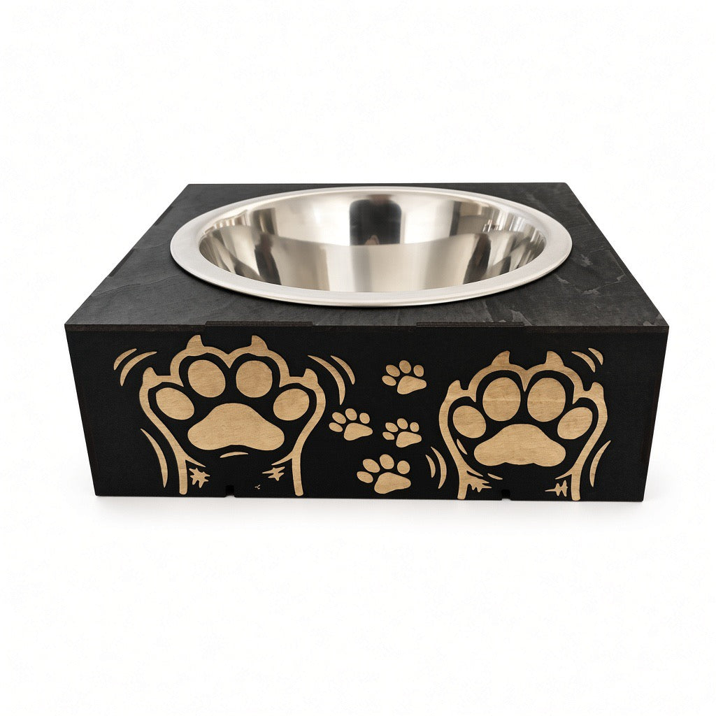 Support gamelle modulable Pop Art Pattes en tilleul peint en noir pour chats et petits chiens, empreintes de pattes gravées au laser