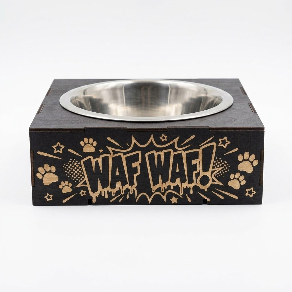 Support gamelle modulable Pop Art Wafwaf en tilleul peint en noir pour petits chiens, graffiti canin gravé au laser