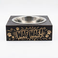 Support gamelle modulable Pop Art Wafwaf en tilleul peint en noir pour petits chiens, graffiti canin gravé au laser