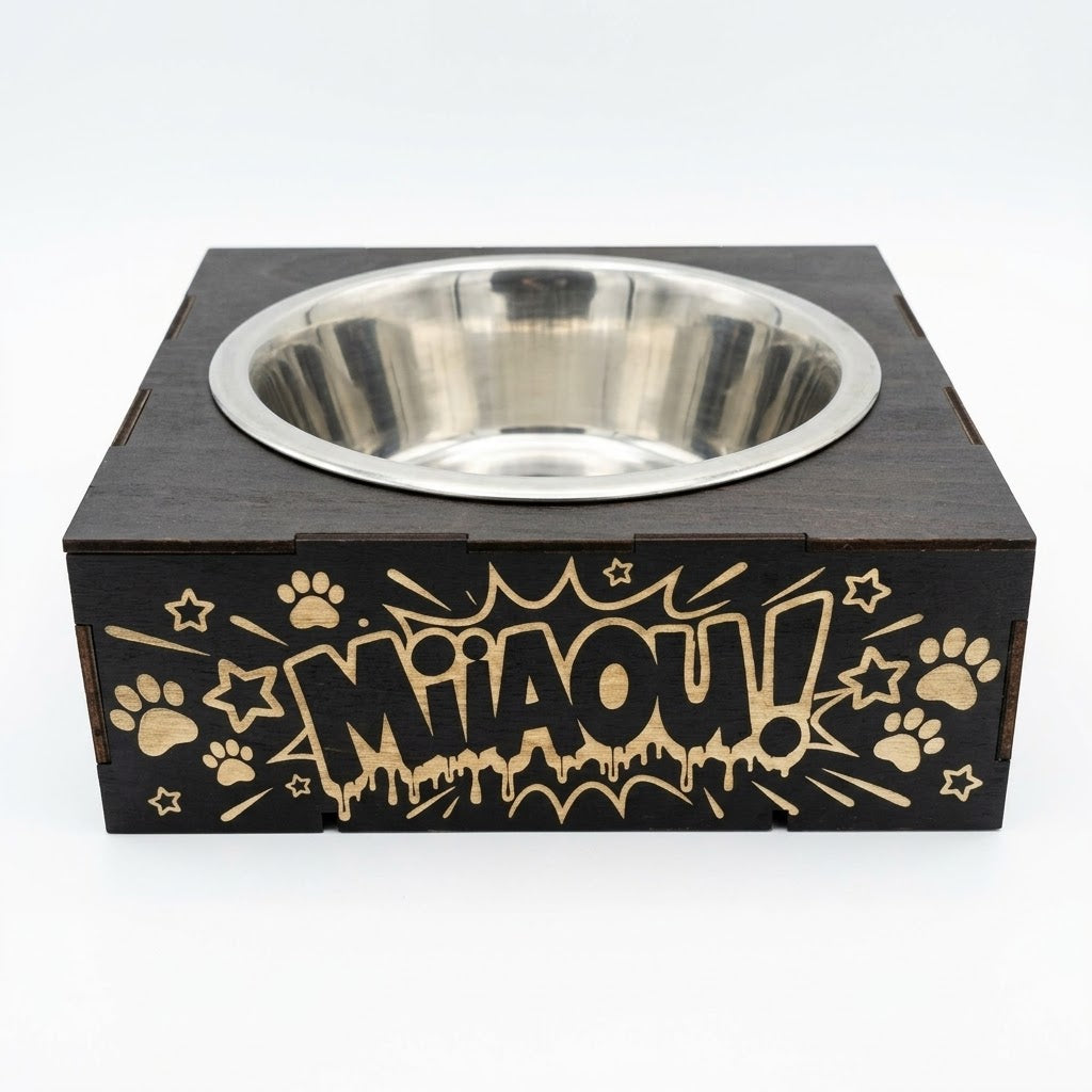 Support gamelle modulable Pop Art Miiaou en tilleul peint en noir pour chats, graffiti félin gravé au laser